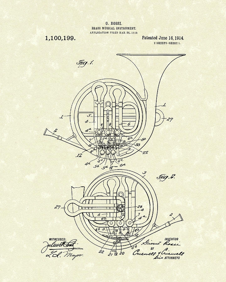 720x900 french horn musical instrument patent drawing - French Horn Drawing