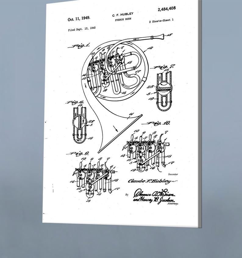 794x845 french horn musical drawing canvas art print x etsy - French Horn Drawing