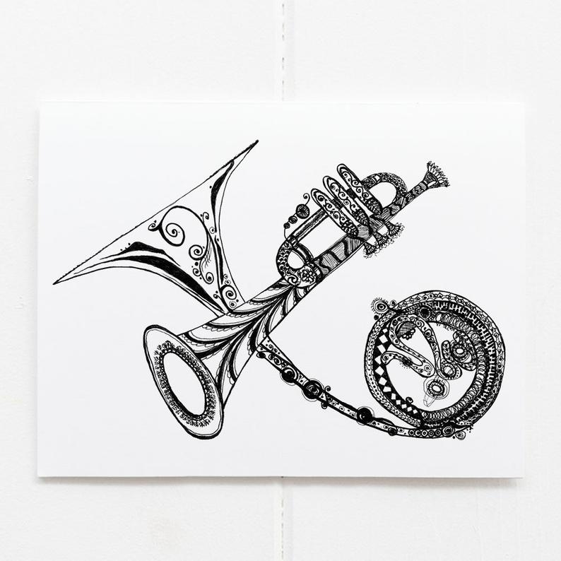 794x794 music lover's card musical instruments drawing trumpet etsy - French Horn Drawing