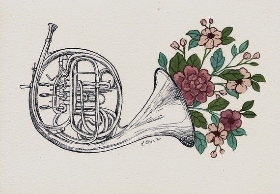 570x394 french horn flowers - French Horn Drawing