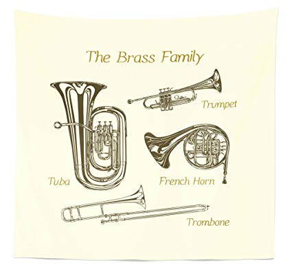 425x395 lunarable music tapestry queen size, brass family - French Horn Drawing