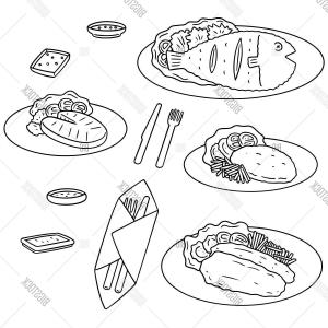 300x300 set of french fries fish burger and tacos drawing vector clipart - Fried Fish Drawing