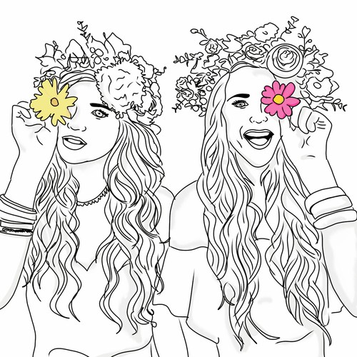 500x500 flower, girls, bff, friends, love, two, art, cartoon, illustration - Friends Cartoon Drawing