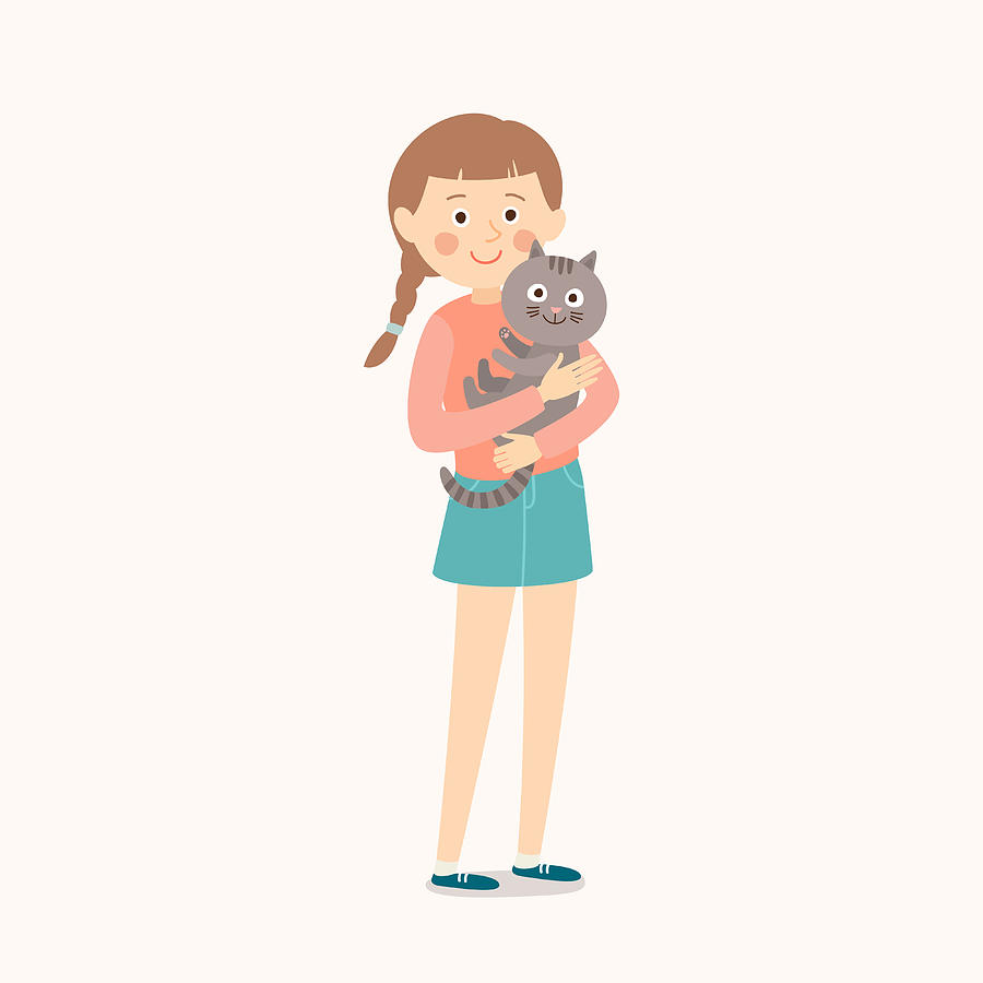 900x900 Happy Child With A Cat Teenage Girl With Her Cat Best Friends - Friends Cartoon Drawing