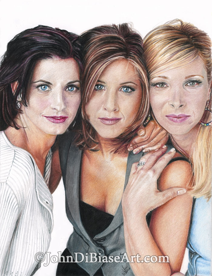 700x914 Colored Pencil Drawing Of Monica, Rachel And Phoebe - Friends Drawing