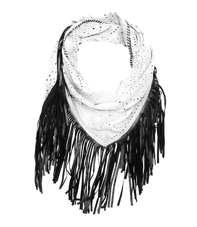 650x750 white suede scarf with handcut perforations long black fringe - Fringe Drawing