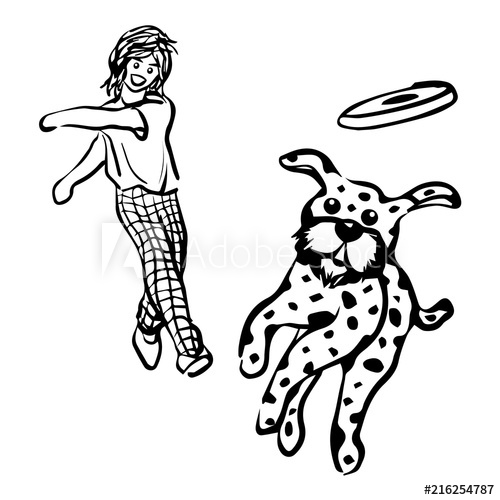 500x500 Man And Dog Play Catching Frisbee Vector Illustration Hand Drawing - Frisbee Drawing