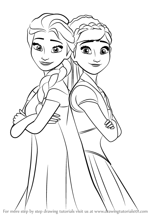 598x844 Learn How To Draw Elsa And Anna From Frozen Fever - Frozen Anna And Elsa Drawing