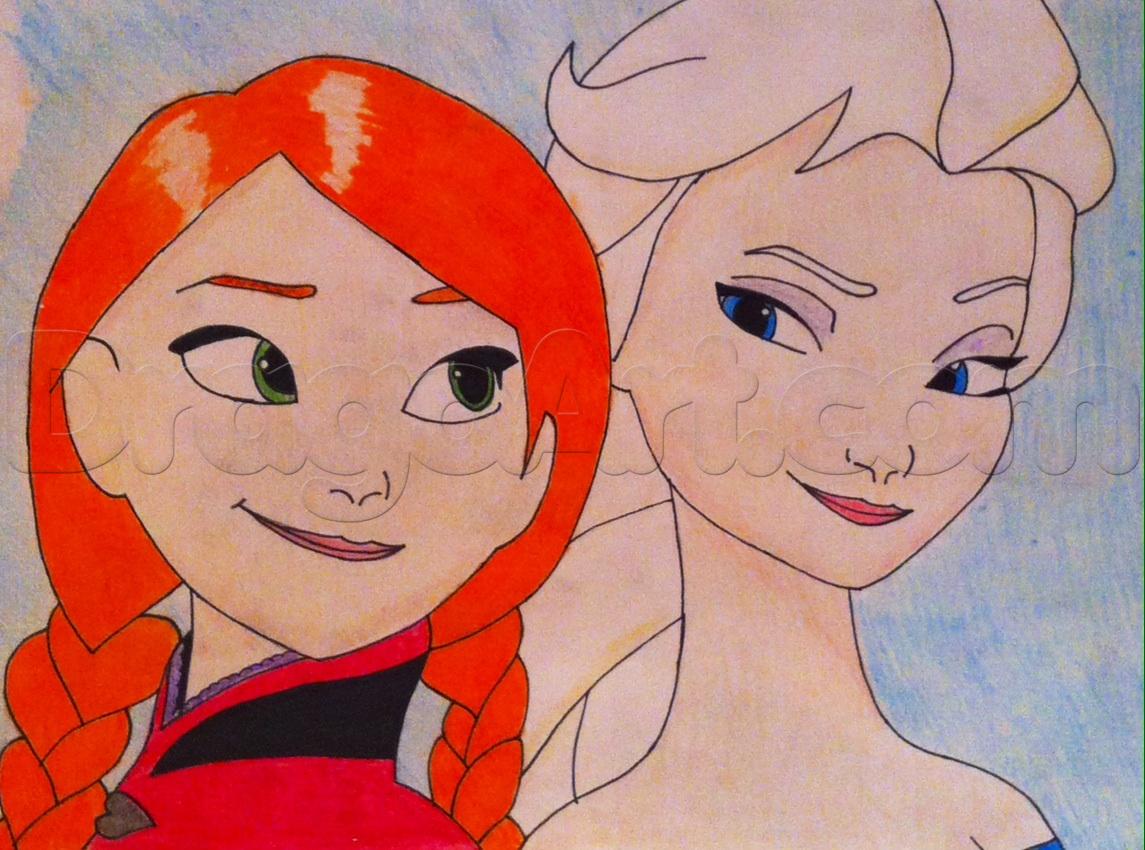 1145x850 Draw Anna And Elsa From Frozen, Step - Frozen Anna And Elsa Drawing
