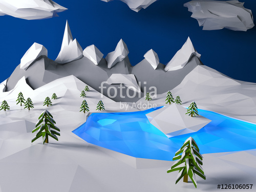 500x375 Low Poly Winter Landscape With Frozen Lake, Ice Island, Snow - Frozen Lake Drawing
