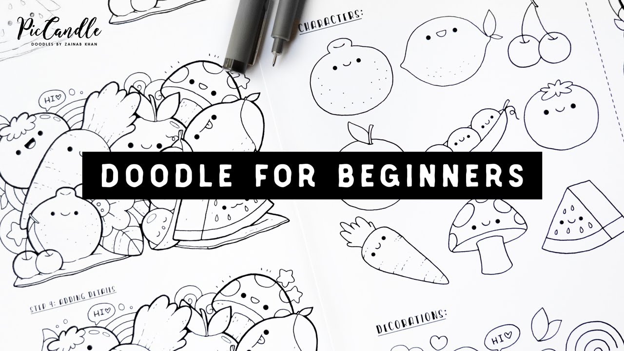 1280x720 Doodle For Beginners Kawaii Fruits Vegetables Draw - Fruits And Vegetables Drawing Black And White