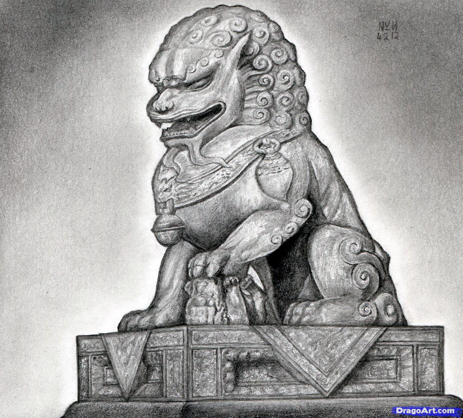 1527x1379 how to draw a foo dog, foo dog statue, step - Fu Dog Drawing