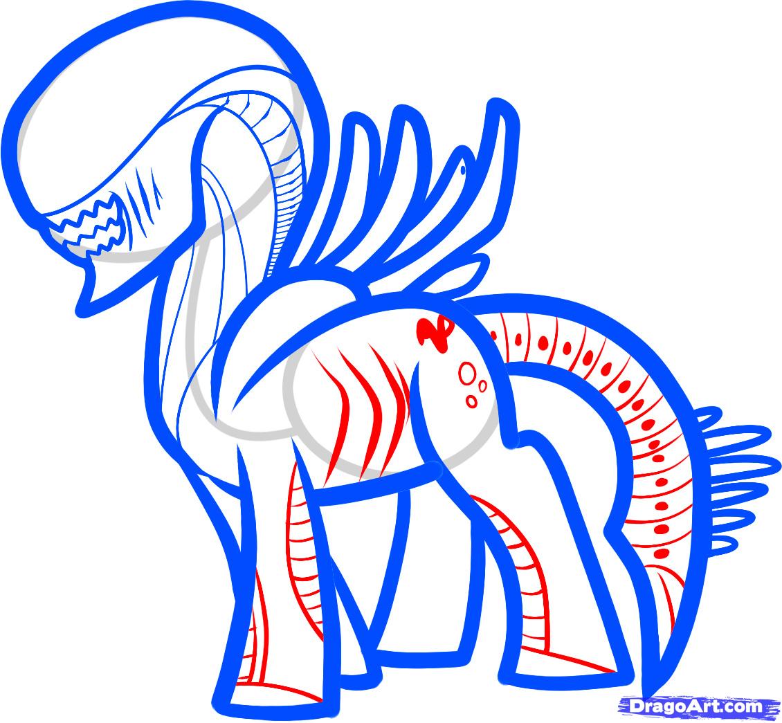 1130x1045 Step How To Draw An Alien Pony, Xenomorph Pony - Funny Alien Drawings