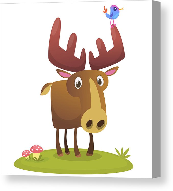 678x750 Funny Cute Cartoon Moose Character With A Bird On Its Horn - Funny Moose Drawing