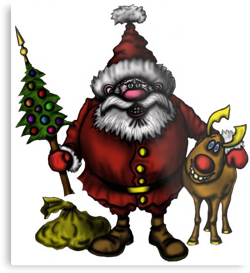 504x550 Funny Santa Claus With Rudolph Drawing Metal Prints - Funny Santa Drawing