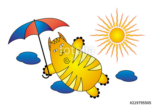 500x348 A Flying Cat With An Umbrella In The Sky Against A Background - Funny Sun Drawing