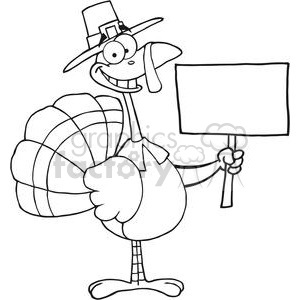 300x300 happy turkey with pilgrim hat holding a blank sign clipart - Funny Turkey Drawings