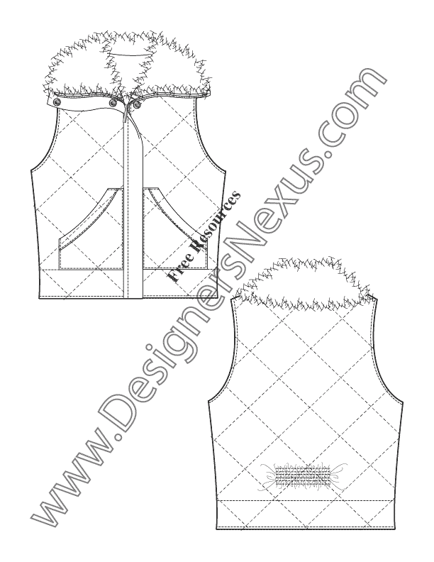 612x792 diamond quilted fur collar vest flat fashion sketch template - Fur Coat Technical Drawing