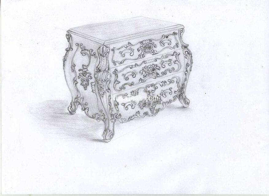 877x638 furniture sketch drawing bed, chairs, nightstand, bombe chest - Furniture Drawing