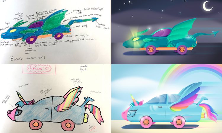 750x451 adorable kids asked to design cars of the future demand rainbow - Future Car Drawing