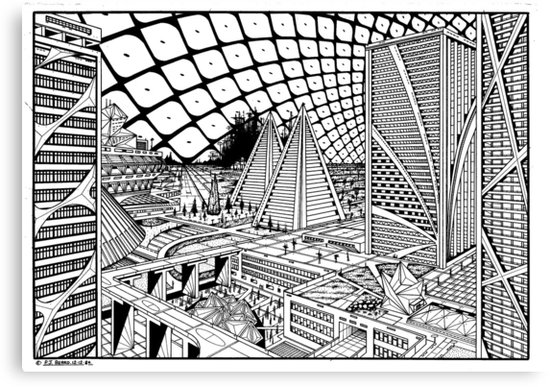550x387 Line Drawing, Future City Canvas Print - Future City Drawing