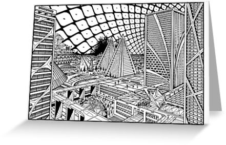 441x283 Line Drawing, Future City Greeting Cards - Future City Drawing