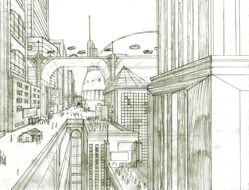 815x624 futuristic cityscape drawing - Future City Drawing