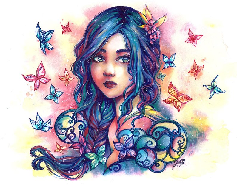 794x622 Photo Art Print Beautiful Woman Galaxy Hair Butterflies Blue Etsy - Galaxy Hair Drawing