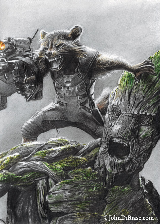 650x909 pencilcolored pencil drawing of rocket and groot from guardians - Galaxy Pencil Drawing