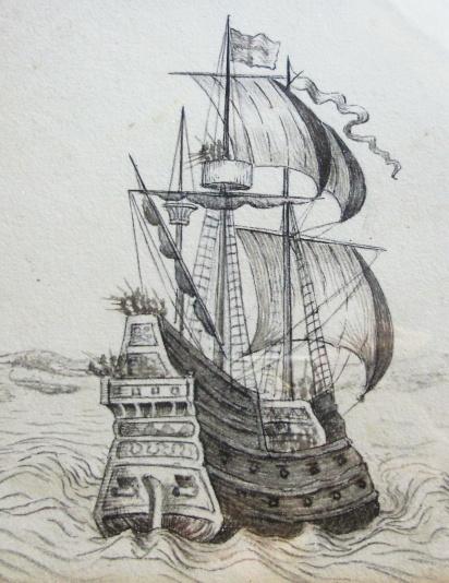 412x534 manuscript sketch drawing of royal navy galleon 'ark royal - Galleon Drawing
