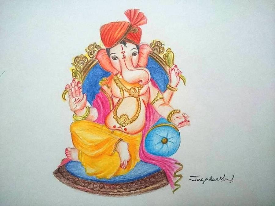 900x675 Ganesha Color Pencils Sketch Painting - Ganesha Color Drawing