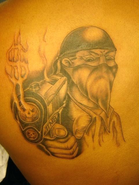 480x640 gangsta clown tattoo on back shoulder in real photo gangster - Gangster Clown Drawings