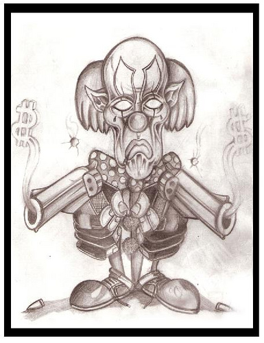 385x500 Grey Ink Clown With Guns Gangster Tattoo Design - Gangster Clown Drawings