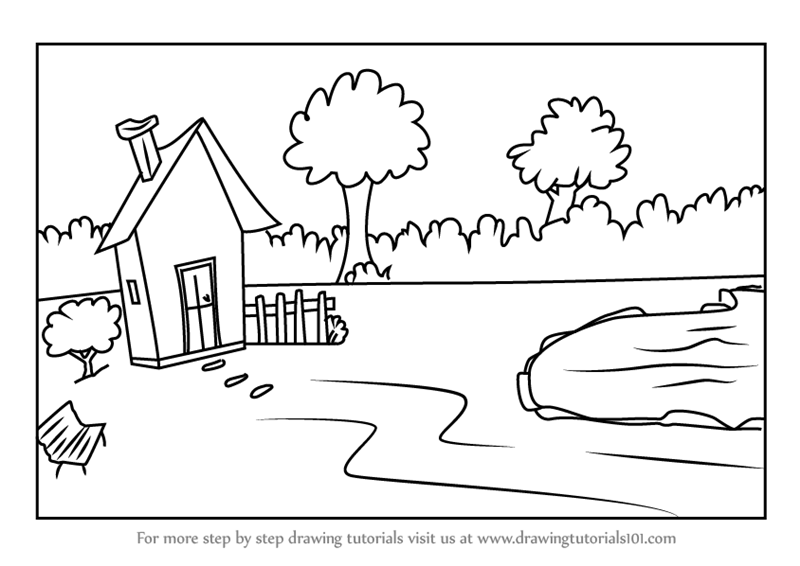 800x566 Learn How To Draw A House With Garden And Pool Scene - Garden Drawing