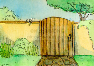 300x212 wong original aceo watercolor drawing painting garden gate cats - Garden Gate Drawing