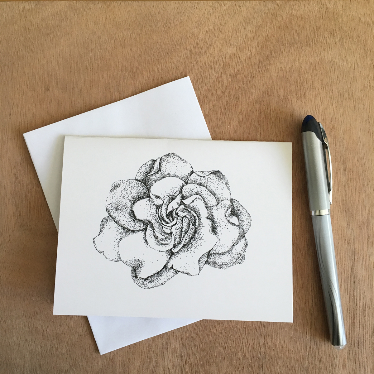 1200x1200 black and white stippled botanical style drawing of a gardenia - Gardenia Drawing