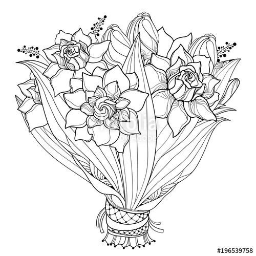 500x500 vector bride bouquet with outline gardenia flower, bud and ornate - Gardenia Flower Drawing