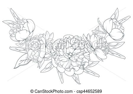 450x320 peony rose laurel foliage garland black white peony rose flowers - Garland Drawing