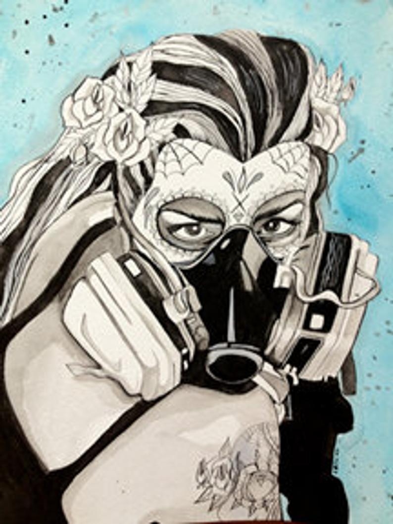 794x1059 Gas Mask Girl Day Of The Dead Print Etsy - Gas Mask Girl Drawing