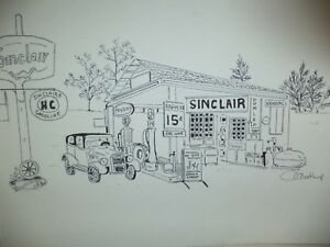 300x225 Old Sinclair Gas Station Ink Drawing Ebay - Gas Station Drawing