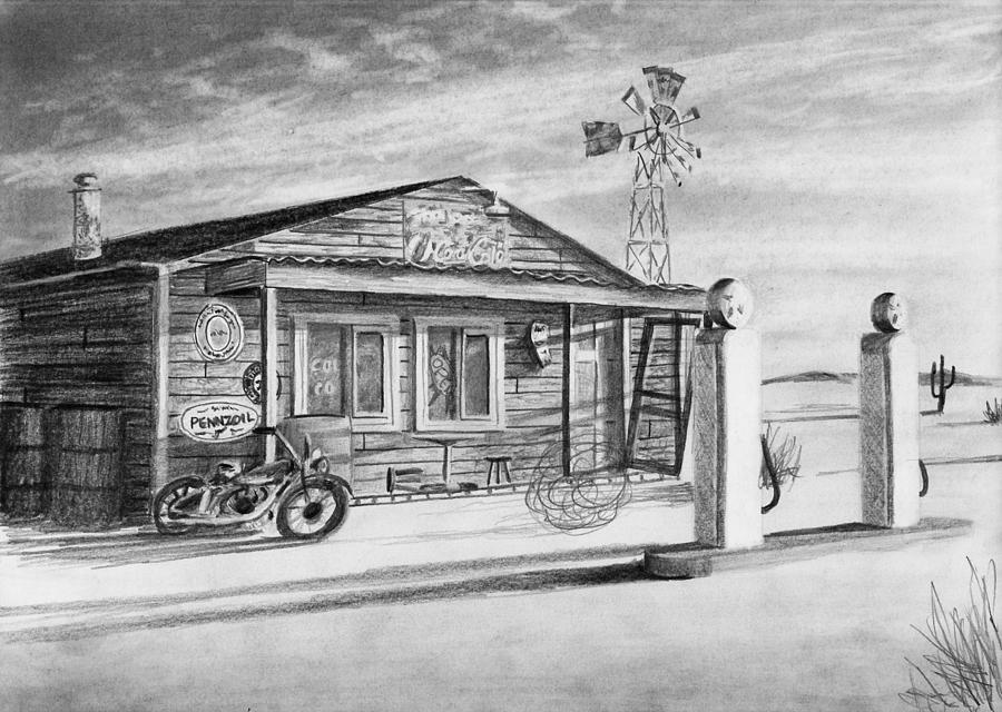 900x640 deserted gas station drawing - Gas Station Drawing