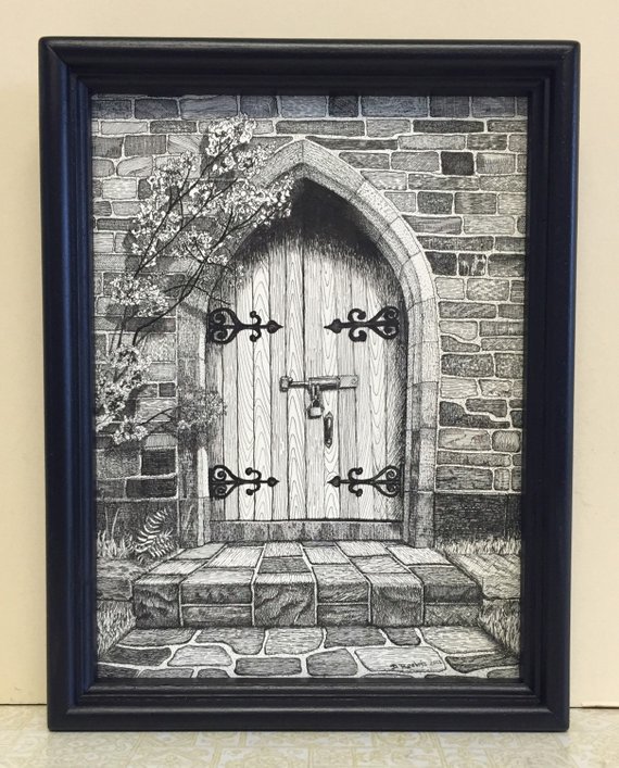 570x707 pen and ink drawing, art, nostalgic art, secret garden gateway - Gateway Drawing