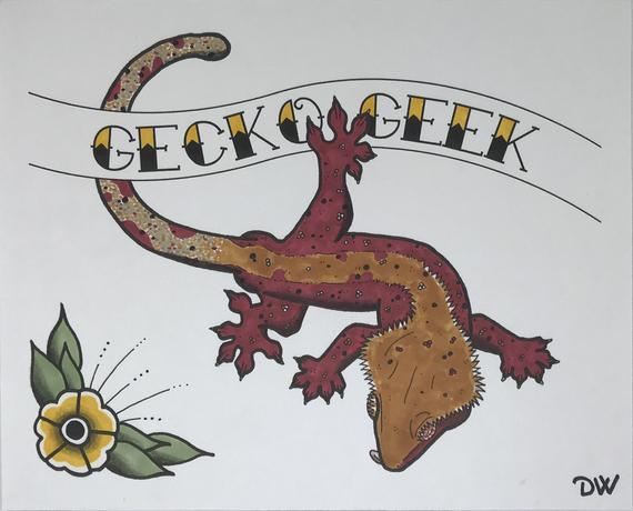 570x460 Crested Gecko Geek Traditional Tattoo Flash Reptile Drawing Etsy - Gecko Drawing
