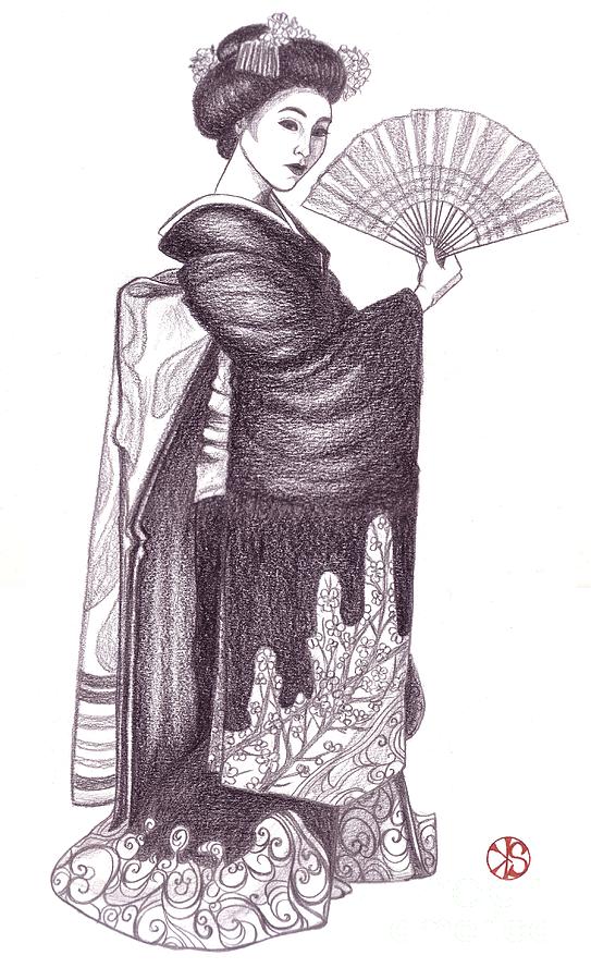 543x900 geisha with fan drawing - Geisha Drawing