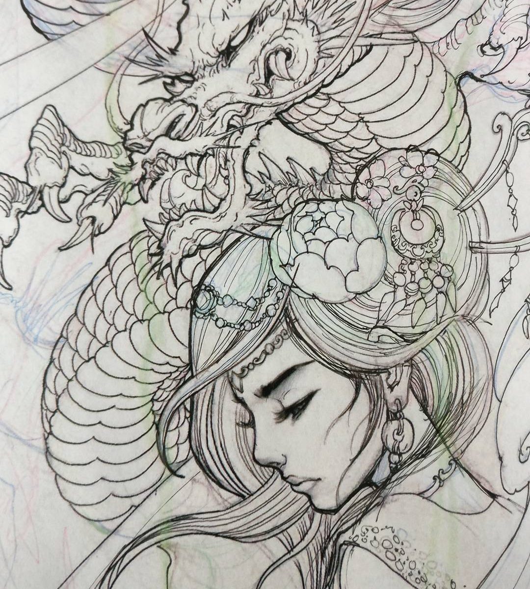 1080x1200 tattoo of geisha and dragon irezumi japan tattoo, dragon - Geisha Drawing