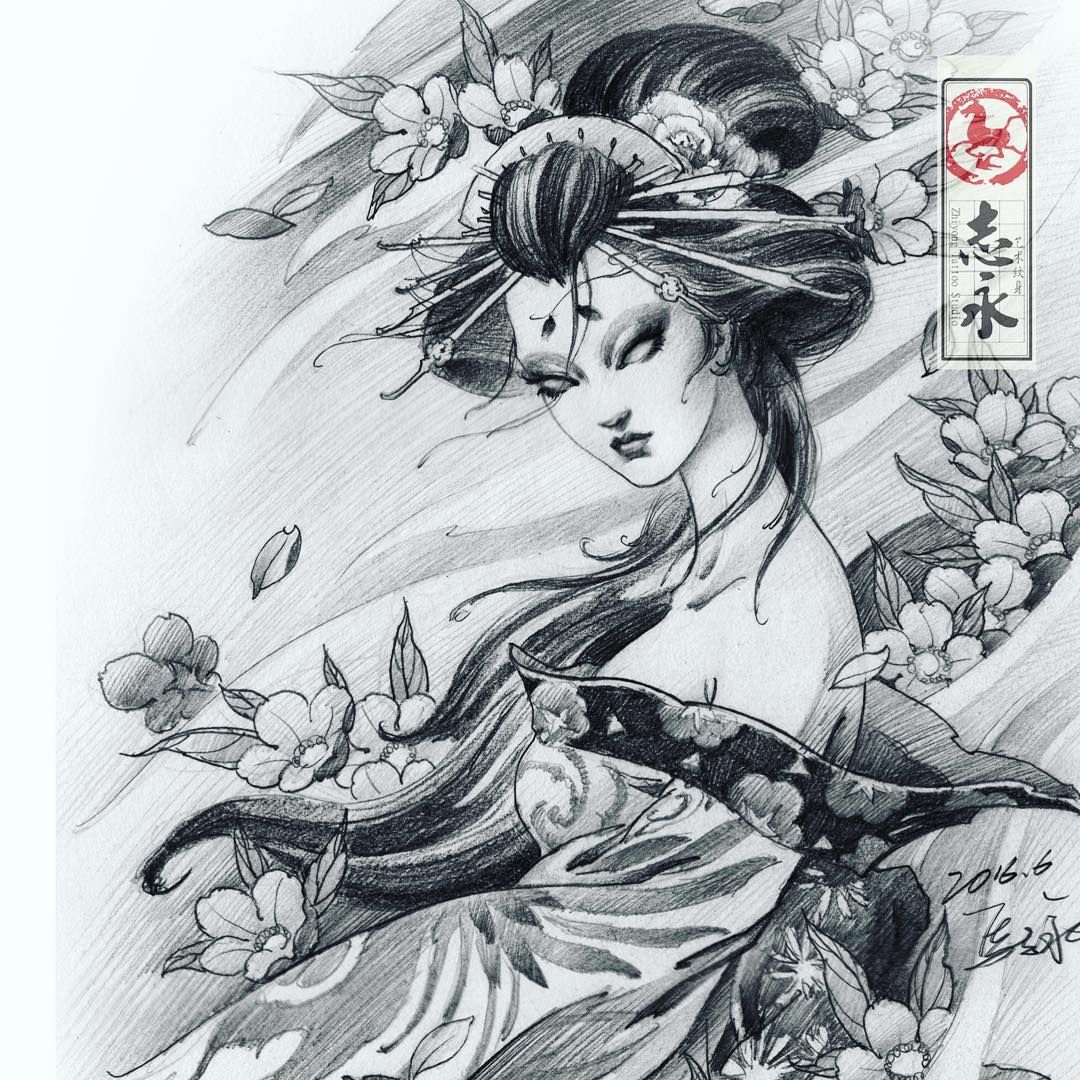 1080x1080 geisha drawing blackandgreytattoo asiantattoo europeantattoo - Geisha Drawing