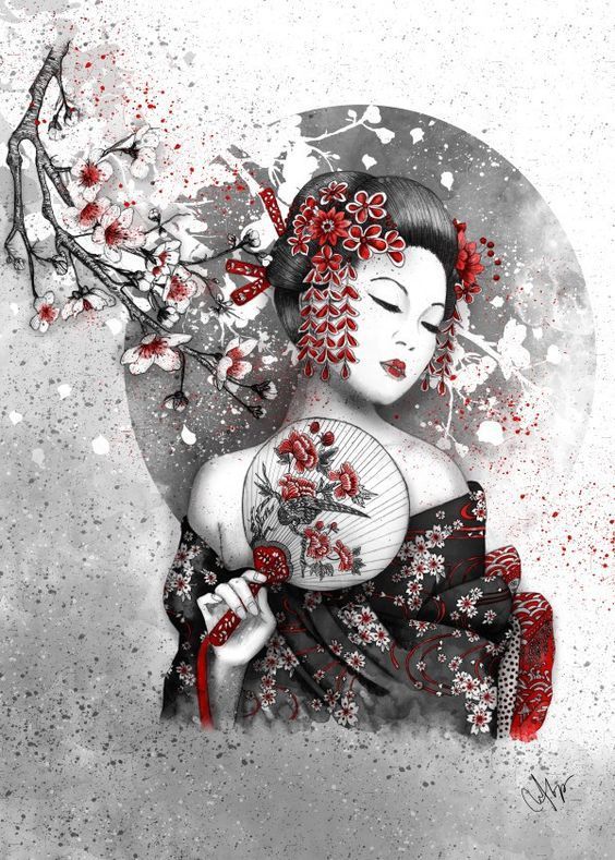 564x789 preto,branco,red brianna tatts geisha - Geisha Drawing Tumblr