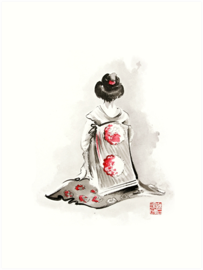 413x549 Geisha Girl Drawing Large Poster, Japanese Woman Watercolor Art - Geisha Girl Drawing