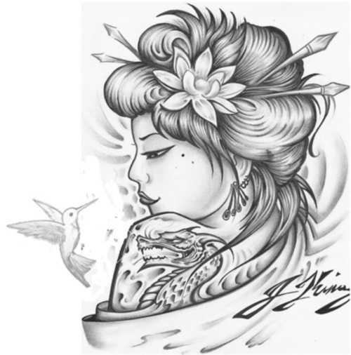 500x506 Grey Ink Geisha Girl Head Tattoo Design - Geisha Girl Drawing