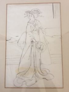 225x300 Original Japanese Robed Geisha Girl Matted Framed Graphite Pencil - Geisha Girl Drawing